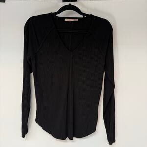 XCVI Wearables The Bryant V-Neck Top Women's Size M Black Ribbed Raw Trim Fall